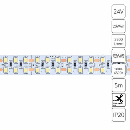 Светодиодная лента 24V 20W/m 6000К 5м Arte Lamp TAPE A2424015-03-6K, LED