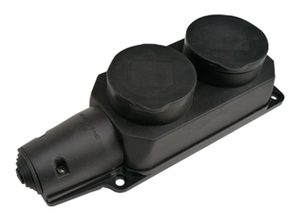 Колодка 2-м 16А IP44 с заземл. с защ. крышками каучук черн. IN HOME 4690612010274