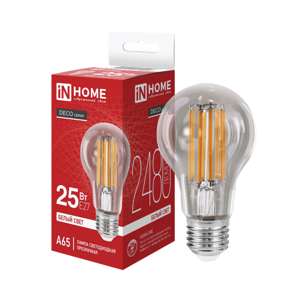 Лампа светодиодная филаментная LED-A65-deco грушевидная прозрачная 25Вт 230В E27 4000К 2480лм IN HOME 4690612055947
