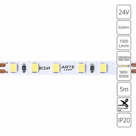 Светодиодная лента 24V 9,6W/m 6000К 5м Arte Lamp TAPE A2412005-03-6K, LED