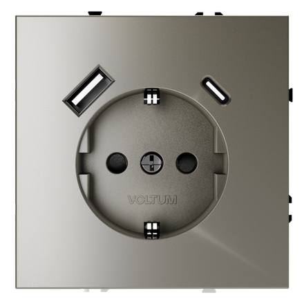 VLS040504 Розетка встраиваемая VOLTUM S70 с заземлением и защитными шторками, 16А, с USB, A+С, (шелк) (ТМ Maytoni)