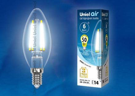 LED-C35-6W/NW/E14/CL GLA01TR Лампа светодиодная. Форма "свеча", прозрачная. Серия Air. Белый свет (4000K). Картон. ТМ Uniel