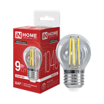 Лампа светодиодная LED-ШАР-deco 9Вт шар прозрачная 4000К нейтр. бел. E27 1040лм 230В IN HOME 4690612026282