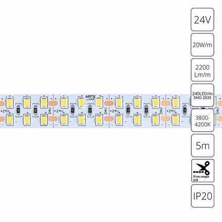 Светодиодная лента 24V 20W/m 4000К 5м Arte Lamp TAPE A2424015-02-4K, LED