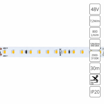 Светодиодная лента 48V 7,2W/m 3000К 30м Arte Lamp TAPE A4812010-03-3K, LED
