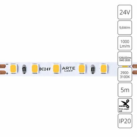 Светодиодная лента 24V 9,6W/m 3000К 5м Arte Lamp TAPE A2412005-01-3K, LED