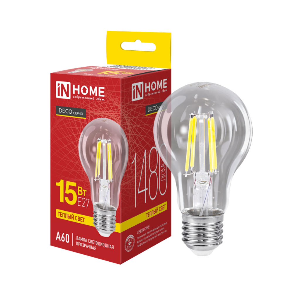 Лампа светодиодная филаментная LED-A60-deco грушевидная прозрачная 15Вт 230В E27 3000К 1480лм IN HOME 4690612055893