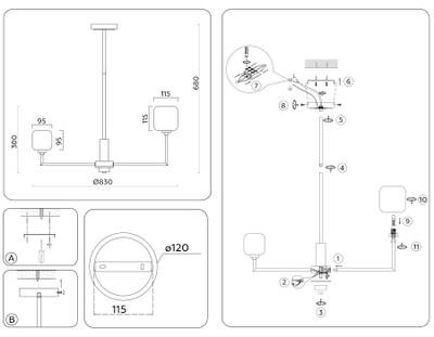 Светильник на штанге LH53017/8 BS/FR латунь/белый матовый G9*8 max 40W D830*680