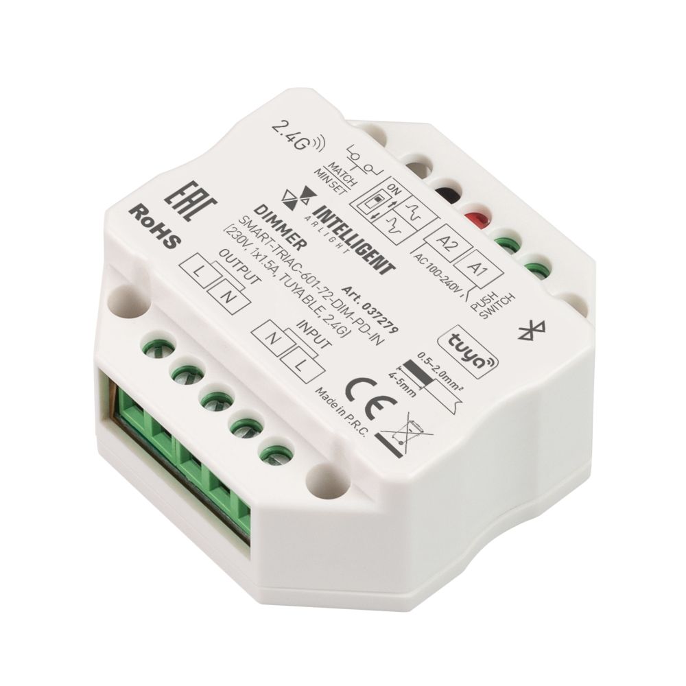 INTELLIGENT ARLIGHT Диммер SMART-TRIAC-601-72-DIM-PD-IN (230V, 1x1.5A, TUYA BLE, 2.4G) (IARL, IP20 Пластик, 5 лет)