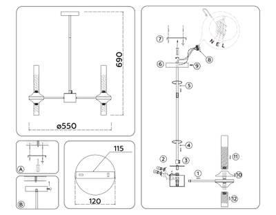 Светильник подвесной LH55351/10 BK/CGD/CL черный/золото/прозрачный G9/10 max 30W D550*690