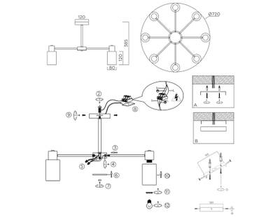 Светильник подвесной TR9575/8 SN сатин E14*8 max 40W 720*720*385