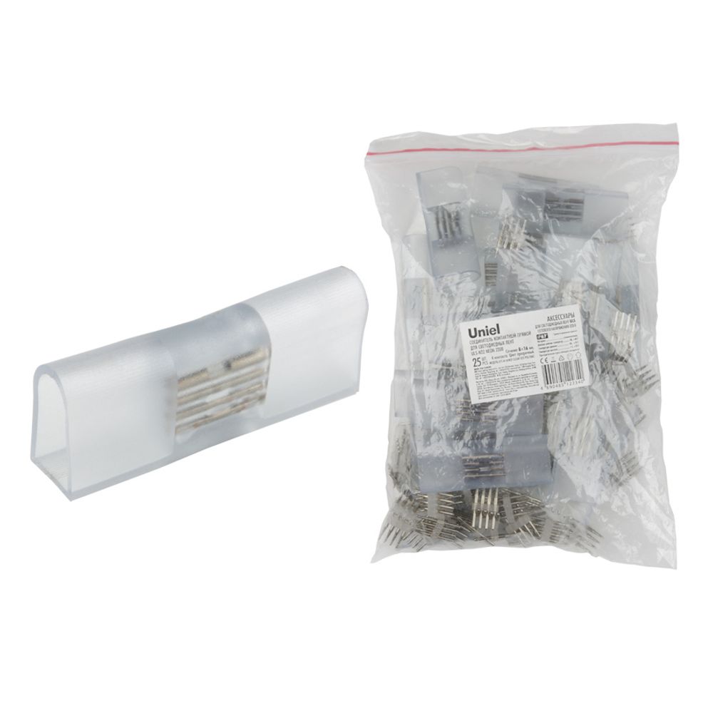 UTC-K-14/N22 CLEAR 025 POLYBAG Соединитель контактный прямой для светодиодных лент ULS-N22 RGB NEON 220В, 8x16мм, 4 контакта.Цвет прозрачный. 25 штук в пакете. TM Uniel.