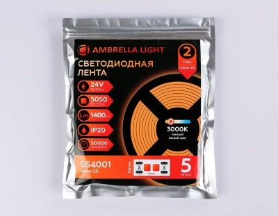 Светодиодная лента GS4001 5050 60Led/ 14.4W m/ 24V IP20 3000K 5m кратность резки 100mm (2 конт.)