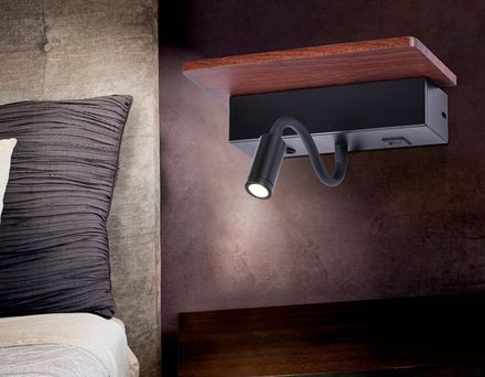 Настенный светодиодный светильник с выключателем, USB портом и полкой FW291 BK/DW черный/темное дерево LED 4200K+3000K 6W+1W 265*110*130