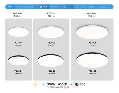Потолочный светодиодный светильник с Wi-Fi Яндекс Алисой/Tuya/Smart Home/Alexa  FZ2003 WH белый IP54 30W 3000K-6500K+RGB D450*60 (ПДУ ИК