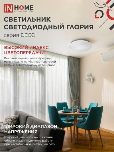 Светильник светодиодный DECO ГЛОРИЯ 70Вт 6500К 6300лм 230В 483х67мм IN HOME 4690612052472