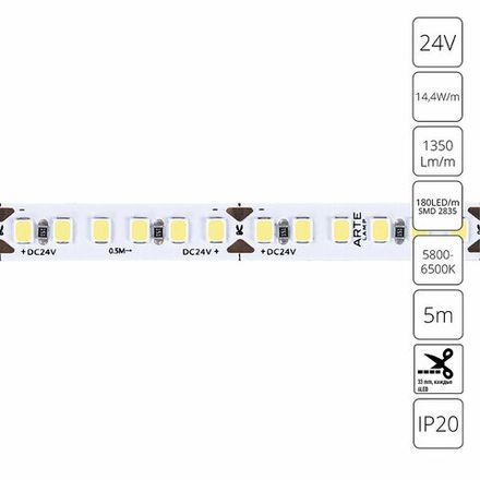 Светодиодная лента 24V 14,4W/m 6000К 5м Arte Lamp TAPE A2418008-03-6K, LED