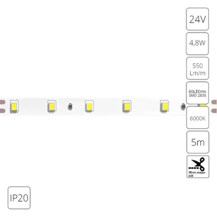 Светодиодная лента 24V 4,8W/m 6000К 5м IP20 Arte Lamp TAPE A2406008-03-6K, LED