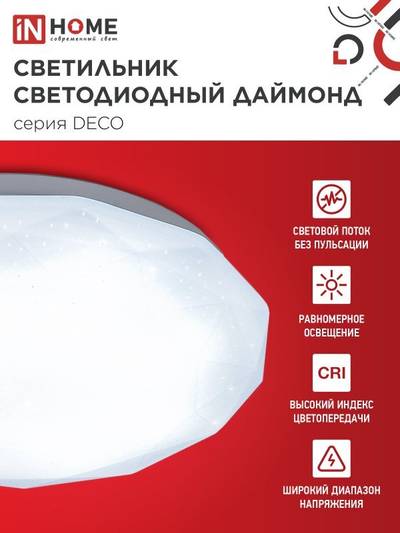 Светильник светодиодный DECO ДАЙМОНД 36Вт 6500К 3240лм 230В 380х55мм IN HOME 4690612033730