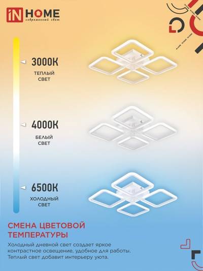 Светильник светодиодный ELEGANT ARIS-W 60Вт 3000-6500К 4700лм 230В 450х450х75мм с пультом ДУ бел. IN HOME 4690612043340