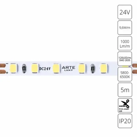 Светодиодная лента 24V 9,6W/m 6000К 5м Arte Lamp TAPE A2412005-03-6K, LED