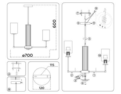 Светильник подвесной LH56217/8 BS/FR латунь/белый матовый E27/8 max 60W D700*600