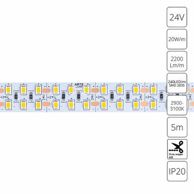 Светодиодная лента 24V 20W/m 3000К 5м Arte Lamp TAPE A2424015-01-3K, LED