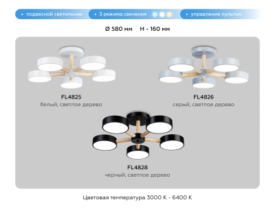 Подвесной светодиодный светильник с пультом FL4828/5 BK черный 3000K-6400K 65W D580*160 (ПДУ ИК)