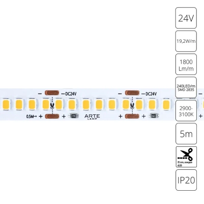 Светодиодная лента 24V 19,2W/m 3000К 5м Arte Lamp TAPE A2424010-01-3K, LED