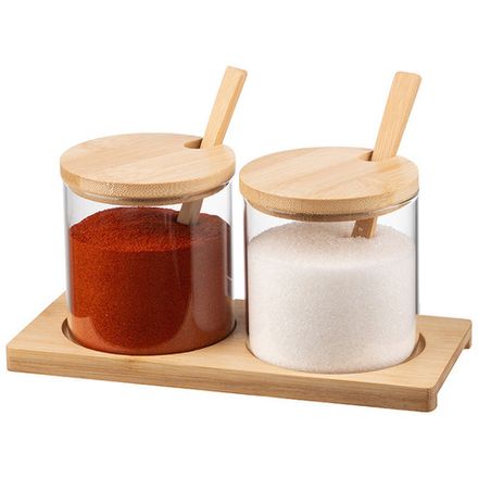 Набор из 2 банок для сыпучих продуктов, Bambu, по 300 мл,стекл,с ложечками и подставкой из бамбука