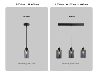 Подвесной светильник в стиле лофт TR3698/3 BK/SM черный/дымчатый E27*3 max 40W 560*100*1040