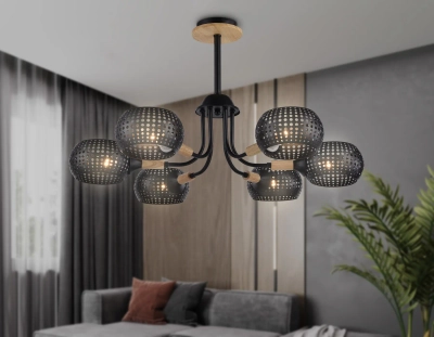 Светильник подвесной TR80167/6 BK/LWD черный/светлое дерево E14/6 max 40W D690*370