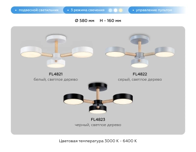 Подвесной светодиодный светильник с пультом FL4823/3 BK черный 3000K-6400K 40W D580*160 (ПДУ ИК)