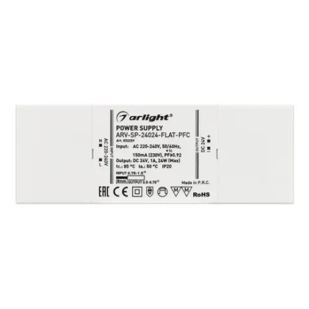 Блок питания ARV-SP-24024-FLAT-PFC (24V, 1A, 24W) (Arlight, IP20 Пластик, 5 лет)