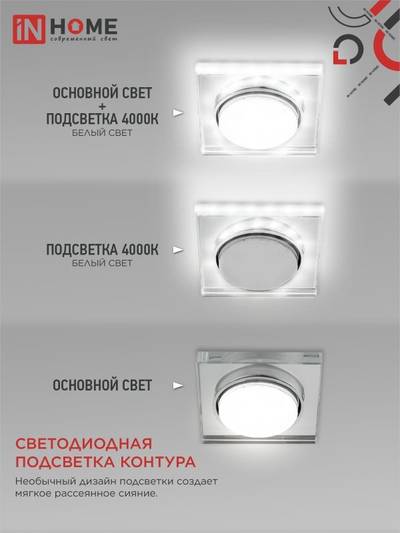Светильник GX53R-glass SMR-L КВАДРАТ встраив. с подсветкой 4К под GX53 зеркальн. IN HOME 4690612044286
