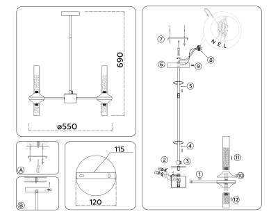 Светильник подвесной LH55351/10 BK/CGD/CL черный/золото/прозрачный G9/10 max 30W D550*690