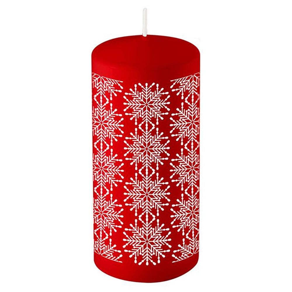 Свеча Deco Christmas 50х100 мм Новогодние снежинки (белые на бордовом)