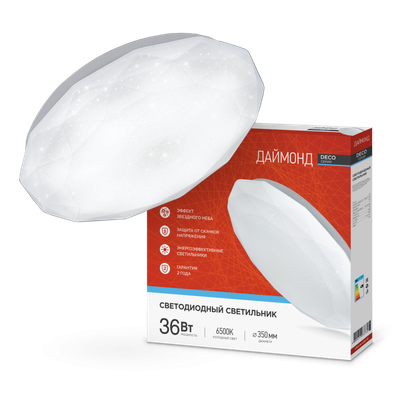 Светильник светодиодный DECO ДАЙМОНД 36Вт 6500К 3240лм 230В 380х55мм IN HOME 4690612033730