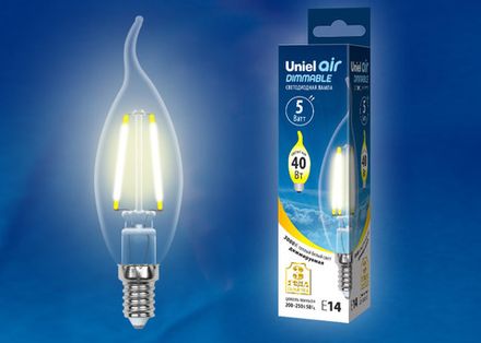 LED-CW35-5W/WW/E14/CL/DIM GLA01TR Лампа светодиодная диммируемая. Форма "свеча на ветру", прозрачная. Серия Air. Теплый белый свет (3000K). Картон. ТМ Uniel