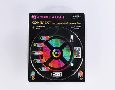 Комплект светодиодной ленты RGB 5m GS2502 5050 60Led/ 14.4W m/ 12V IP65 RGB/ 5000*10*2.87mm/ кратность резки 50mm (4 конт.) (адаптер, вилка, контроллер, пульт в комплекте)