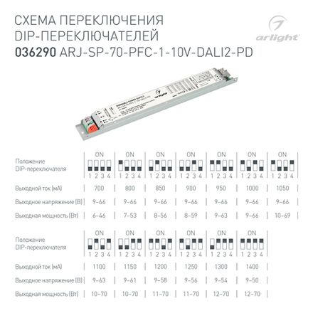 Блок питания ARJ-SP-70-PFC-1-10V-DALI2-PD (70W, 9-66V, 0.7-1.4A) (Arlight, IP20 Металл, 5 лет)