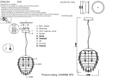 Светильник подвесной Crystal Lux CHARME SP6 GOLD/TRANSPARENT 1374/206