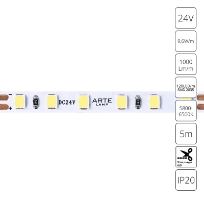 Светодиодная лента 24V 9,6W/m 6000К 5м Arte Lamp TAPE A2412005-03-6K, LED