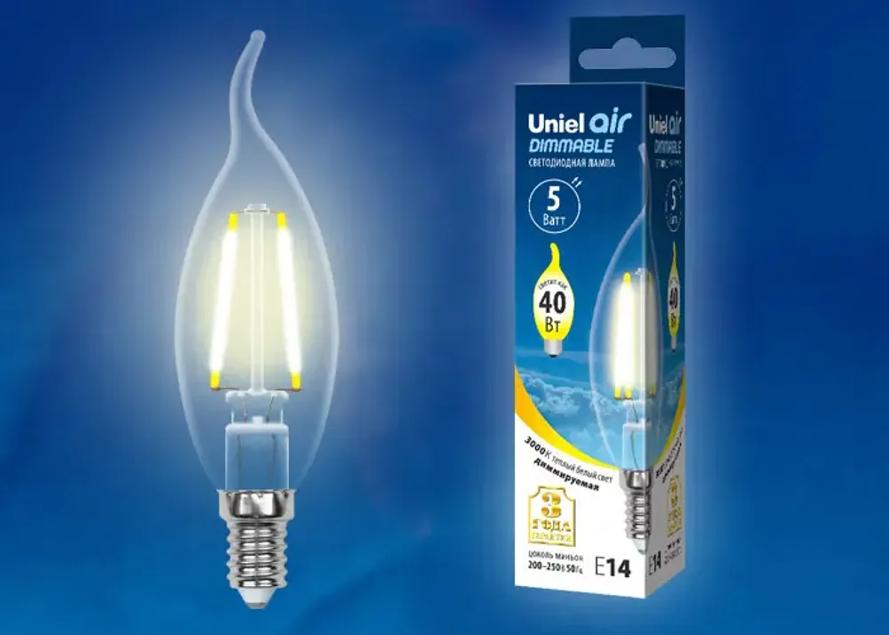 LED-CW35-5W/WW/E14/CL/DIM GLA01TR Лампа светодиодная диммируемая. Форма "свеча на ветру", прозрачная. Серия Air. Теплый белый свет (3000K). Картон. ТМ Uniel LED-CW35-5W/WW/E14/CL/DIM GLA01TR Лампа светодиодная диммируемая. Форма "свеча на ветру", прозрачная. Серия Air. Теплый белый свет (3000K). Картон. ТМ Uniel