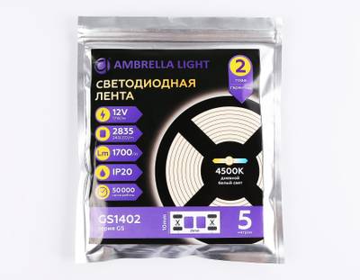 Светодиодная лента GS1402 2835 240Led/ 17W m/ 12V IP20 4500K/ 5000*10*1.2mm/ кратность резки 25mm (2 конт.)