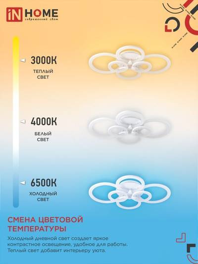 Светильник светодиодный ELEGANT BLISS-120W 120Вт 3000-4000-6500К 8400лм 230В 780х550х130мм с пультом ДУ IN HOME 4690612035468