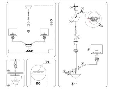 Светильник подвесной LH71131/5 BS/WH латунь/белый E14/5 max 40W D660*880