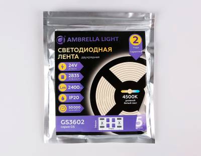 Светодиодная лента двухрядная GS3602 2835 204Led/ 20W m/ 24V IP20 4500K/ 5000*14*1.2mm/ кратность резки 72mm (2 конт.)