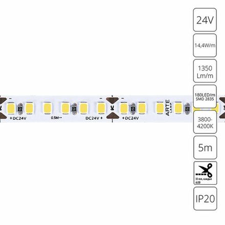 Светодиодная лента 24V 14,4W/m 4000К 5м Arte Lamp TAPE A2418008-02-4K, LED