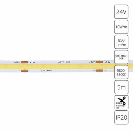 Светодиодная лента 24V 10W/m 6000К 5м Arte Lamp LANE A2432008-03-6K, LED